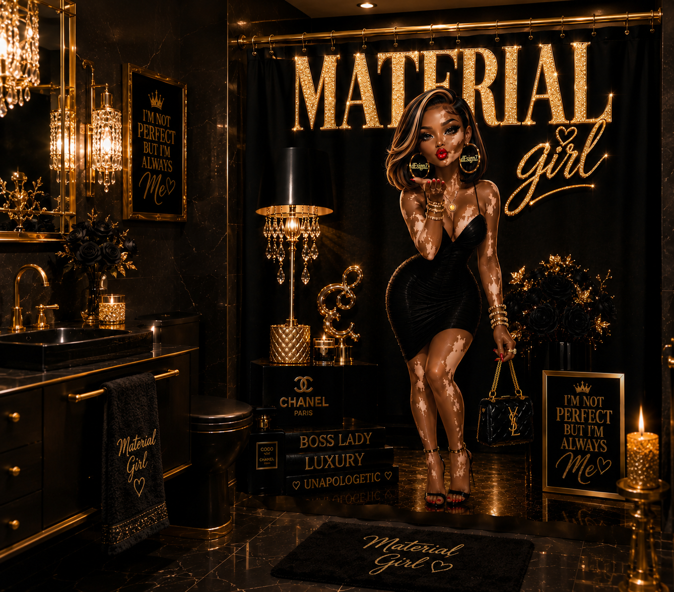 Material Girl Luxury Waterproof Shower Curtain | Black & Gold Glam Bathroom Decor | Fashion-Inspired Vitiligo Beauty Bath Curtain | Modern Chic Bathroom Accent