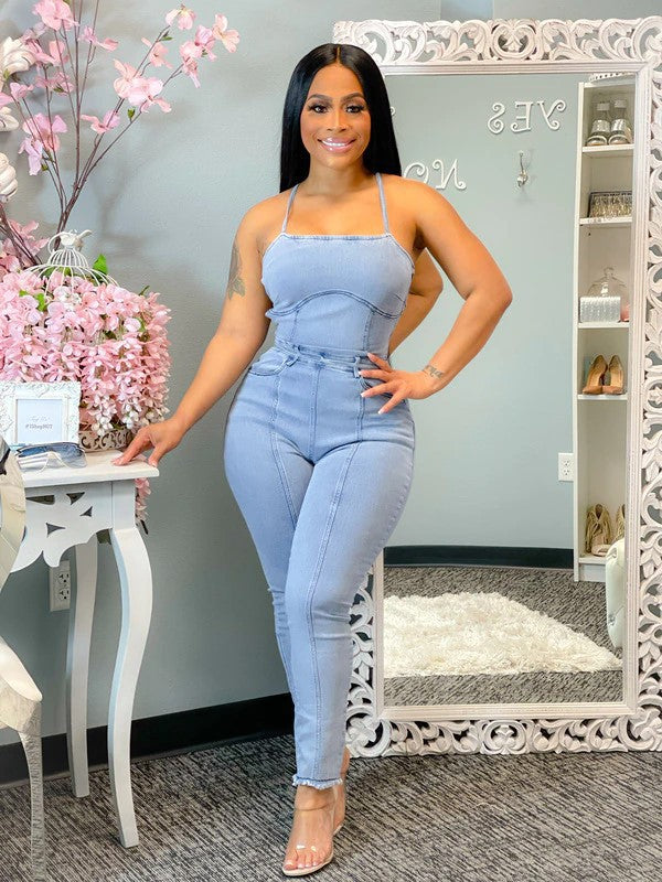 New Casual Slim Sexy Backless Bandage Denim Jumpsuit | Women’s High Waist Suspender Jeans Outfit | Bodycon Streetwear Romper
