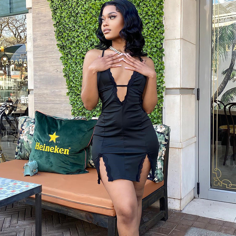 Sexy Hollow-Out Lace Patchwork Camisole Sheath Dress with Side Slit – Elegant Clubwear & Party Outfit for Women