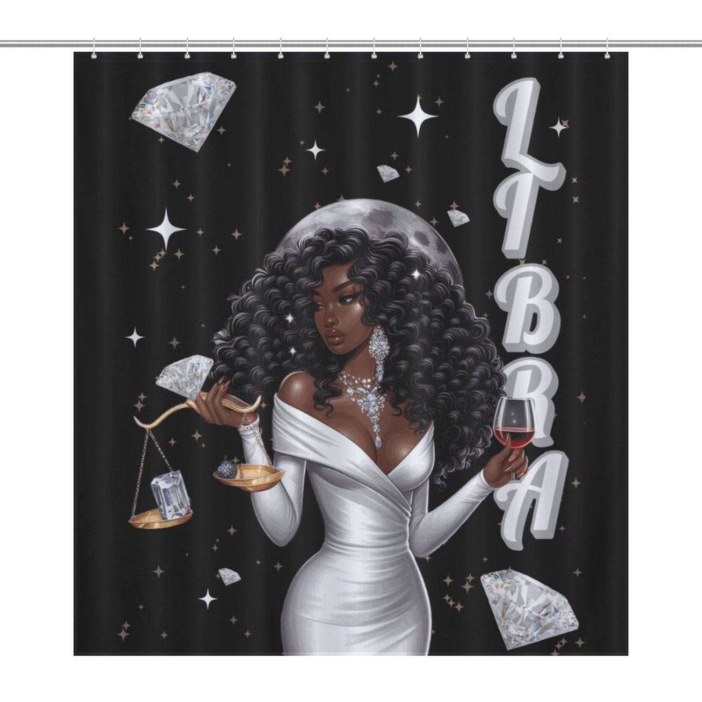 Melanin Libra Women with Diamonds Shower Curtain – Zodiac-Inspired Luxury Bathroom Decor