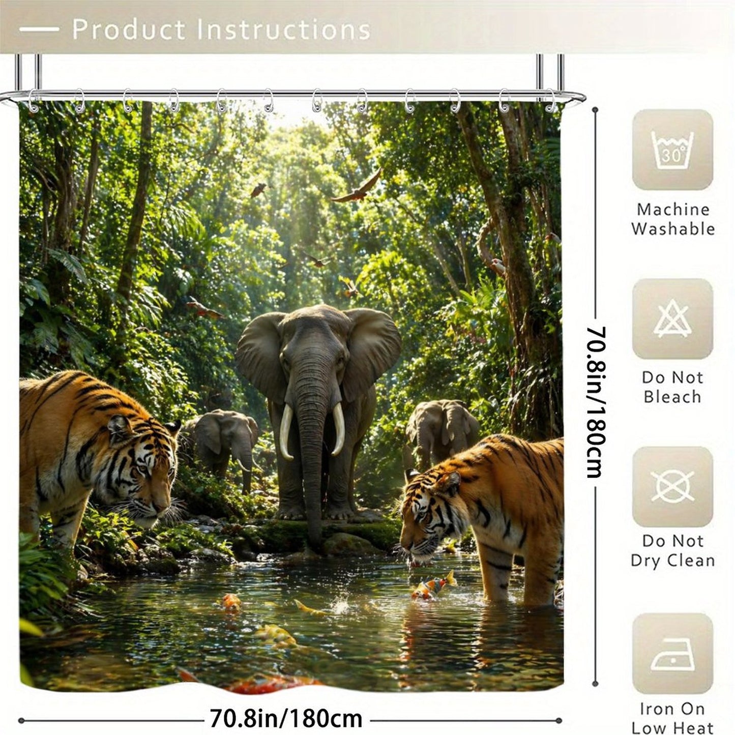 Luxury Jungle Wildlife Shower Curtain – Elephant & Tiger Nature Scene Waterproof Bathroom Decor, Tropical Forest Animal Bath Curtain
