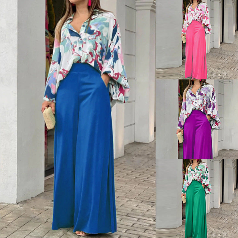 Loose & Elegant Casual Printed Shirt Top + Wide-Leg Pants Set | 2-Piece Fashion Outfit for Women