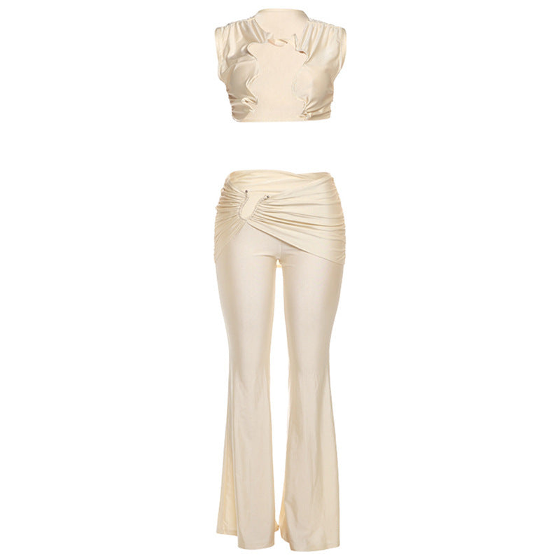 Personalized Metal Twisted Hollow Two-Piece Set – Sexy Slim Fit Crop Top & Trousers for Women