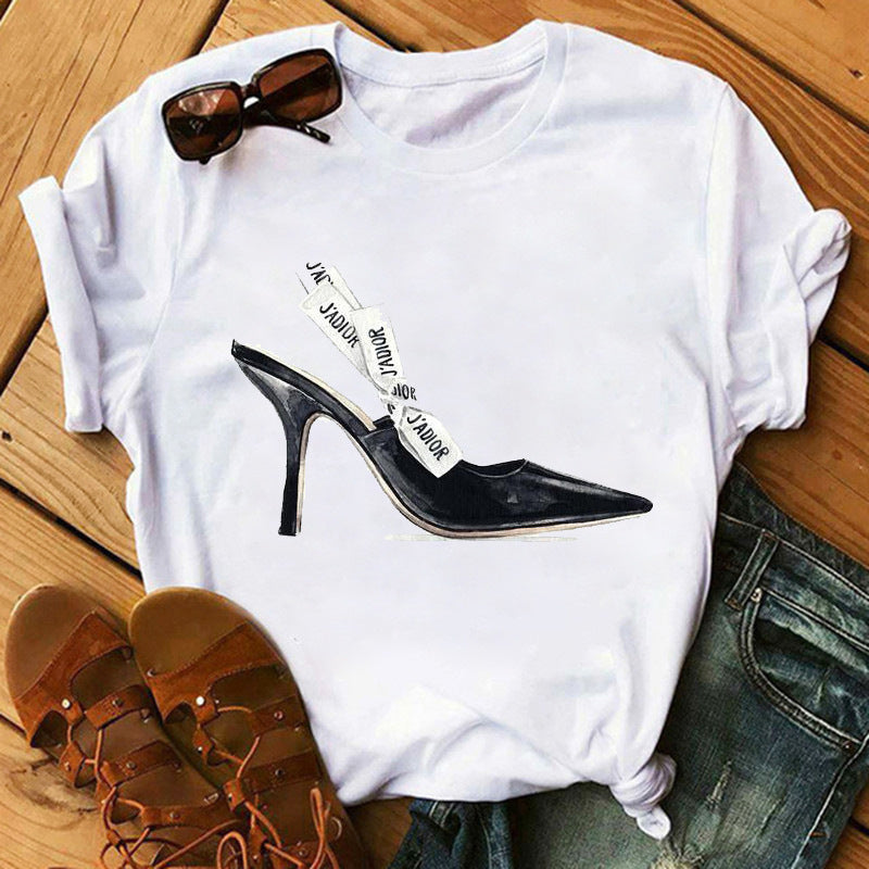 Women's High Heels Pattern Cute Loose Top T-shirt