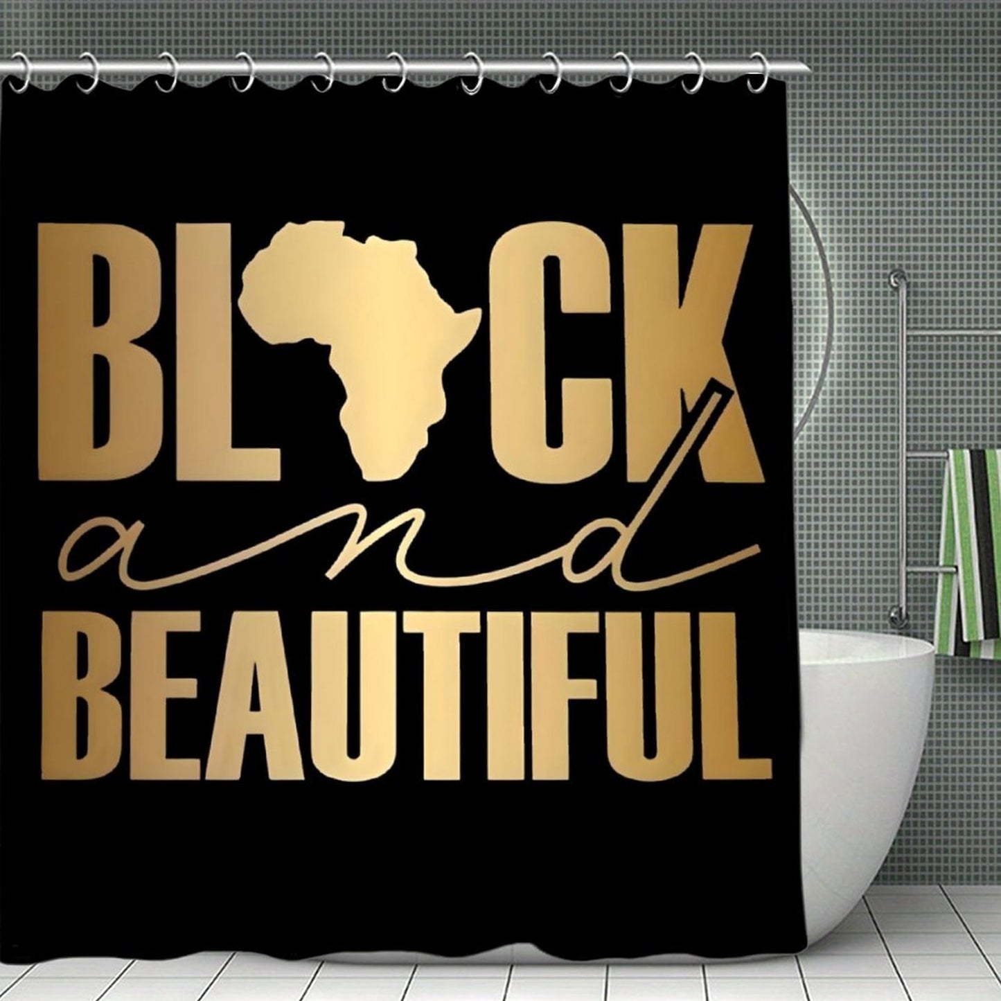 Black and Beautiful African Pride Shower Curtain – Gold Afro Queen Design | Melanin Bathroom Decor | Luxury Black Girl Magic
