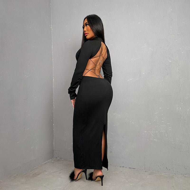 Women’s Slim-Fit Backless Butterfly Turtleneck Dress – Elegant Bodycon Party Look