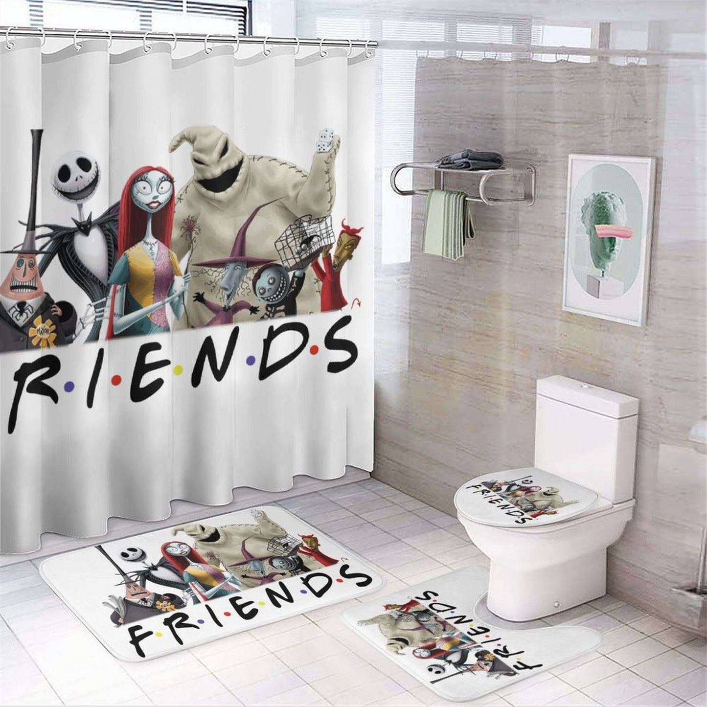 Nightmare Before Christmas Shower Curtain Set with 3 Rugs - Spooky Holiday Bathroom Decor