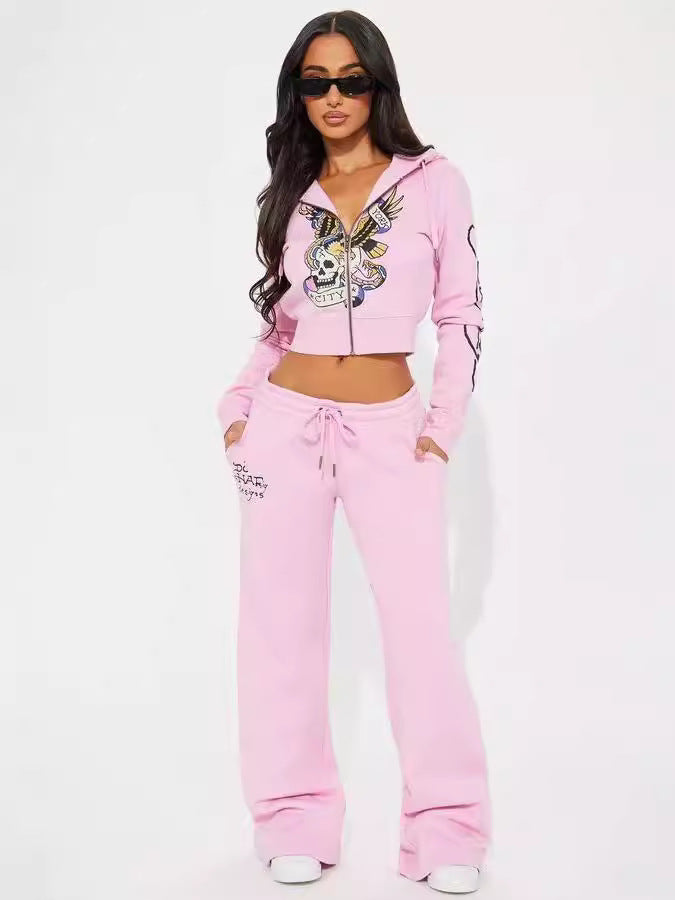 Women’s Casual Streetwear Printed 2-Piece Set – Multicolor Tracksuit | Trendy Graphic Top & Matching Pants | Comfortable Everyday Outfit