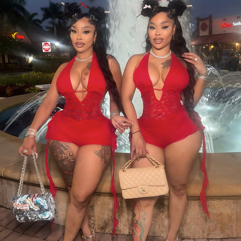 Sexy Lace Spliced Halterneck Bodysuit – Open Back Ruffle Hem One Piece | Women’s Backless Summer Outfit, Night Out Clubwear