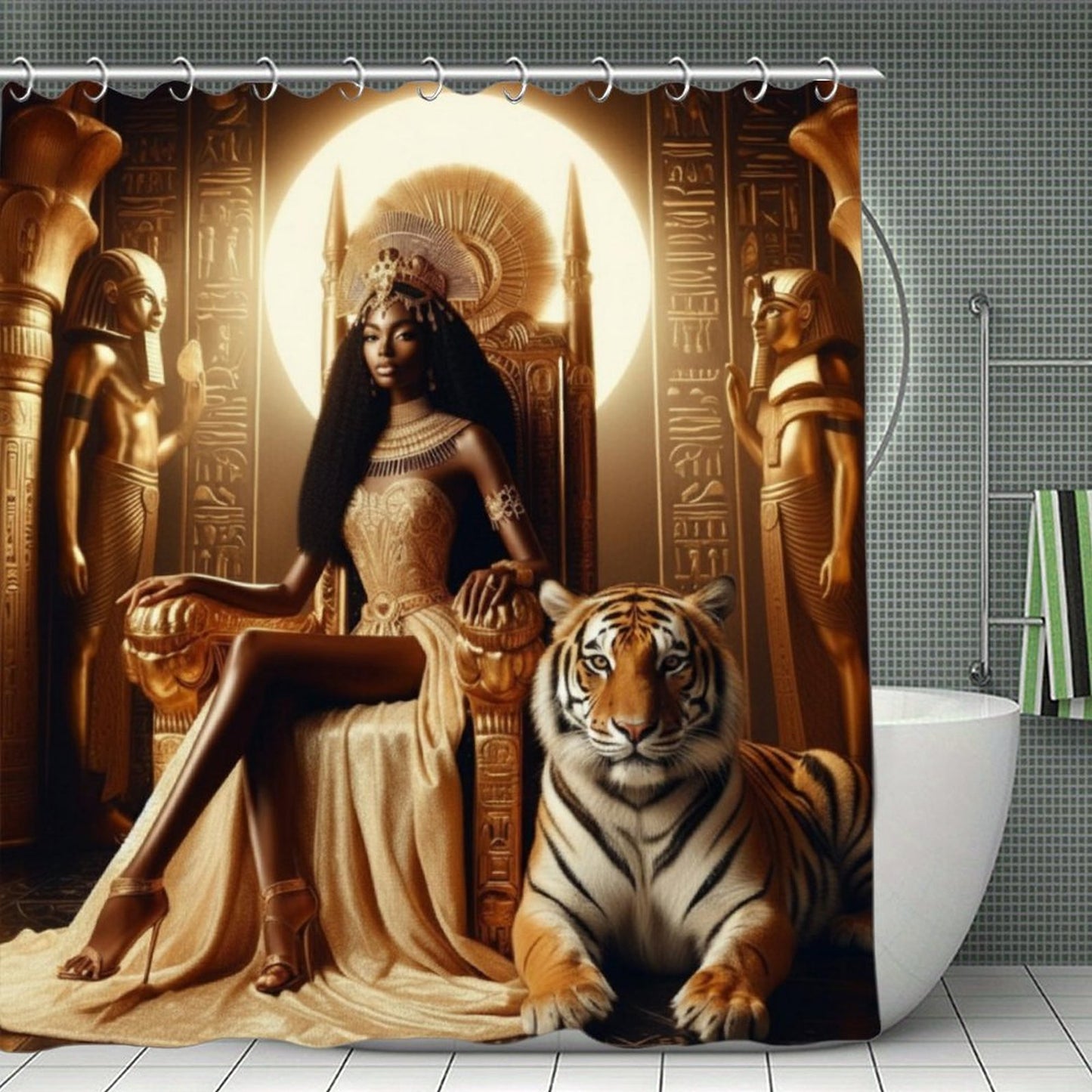 Majestic Queen on Throne with Tiger Waterproof Shower Curtain - Egyptian Gold & Black Luxury Bath Decor Waterproof Shower Curtain