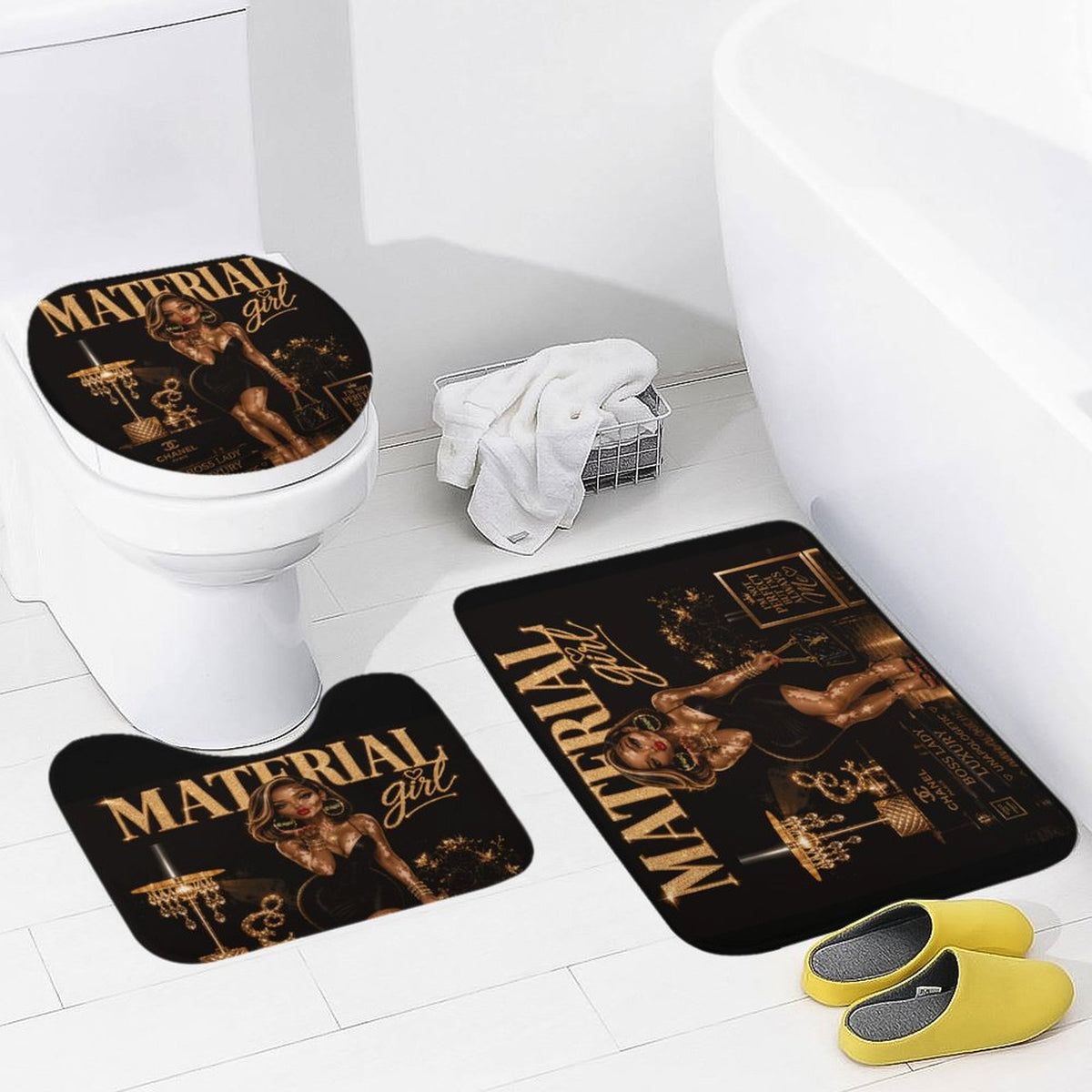 Material Girl Bathroom Mat Set, Black Gold Glam Bath Rugs, 3 Piece Toilet Mat Set, Luxury Bathroom Decor, Boss Lady Bath Set