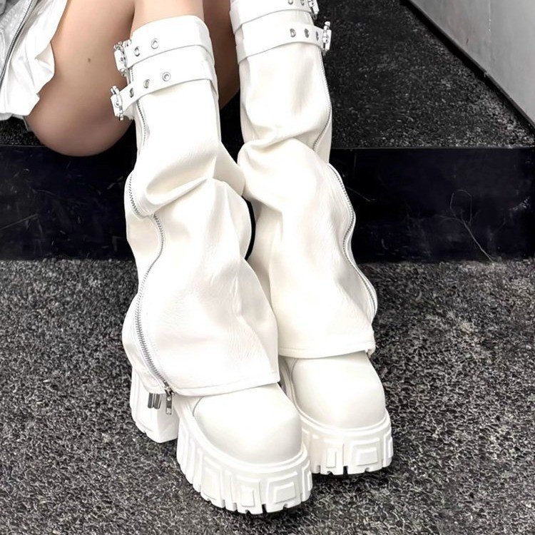 Edgy Black Buckle Strap Combat Boots – Punk-Inspired Mid-Calf Moto Boots for Women