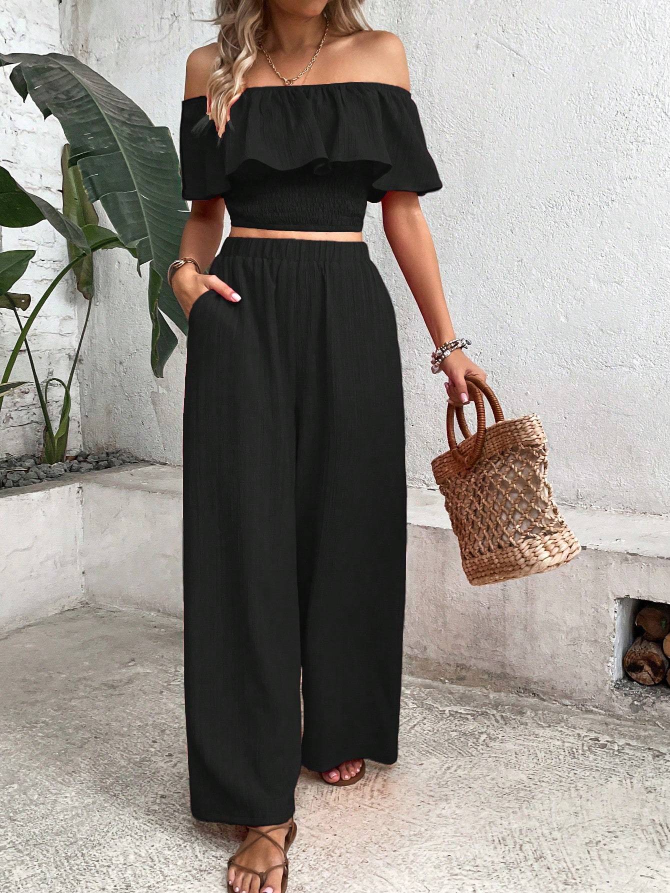 Ladies' Tropical Printed Off-Shoulder Top with Lace Trim & Wide-Leg Pants Set –  Vacation Outfit