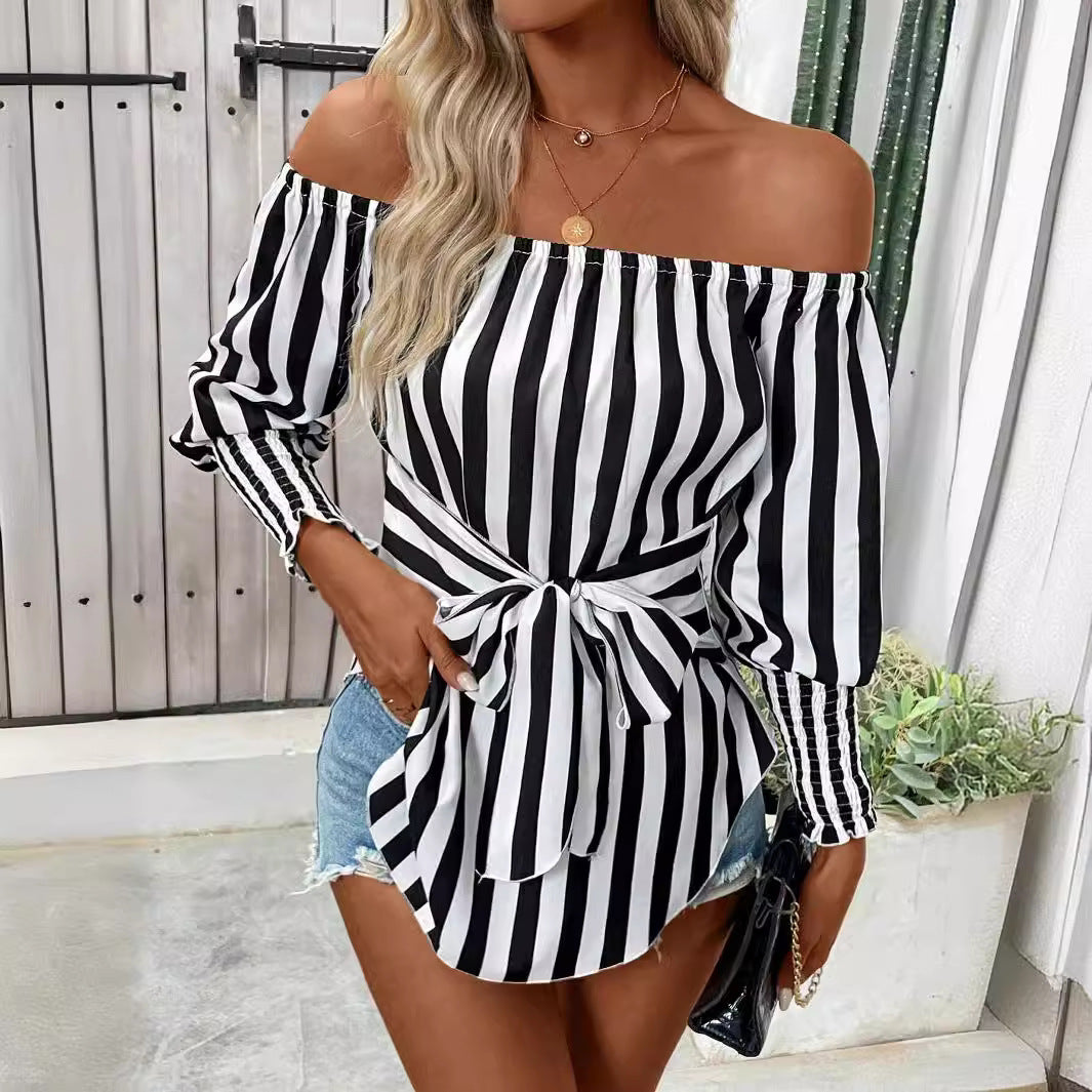 Chic Black and White Lantern Sleeve Blouse – Women’s Shoulder-Baring Elegant Statement Top