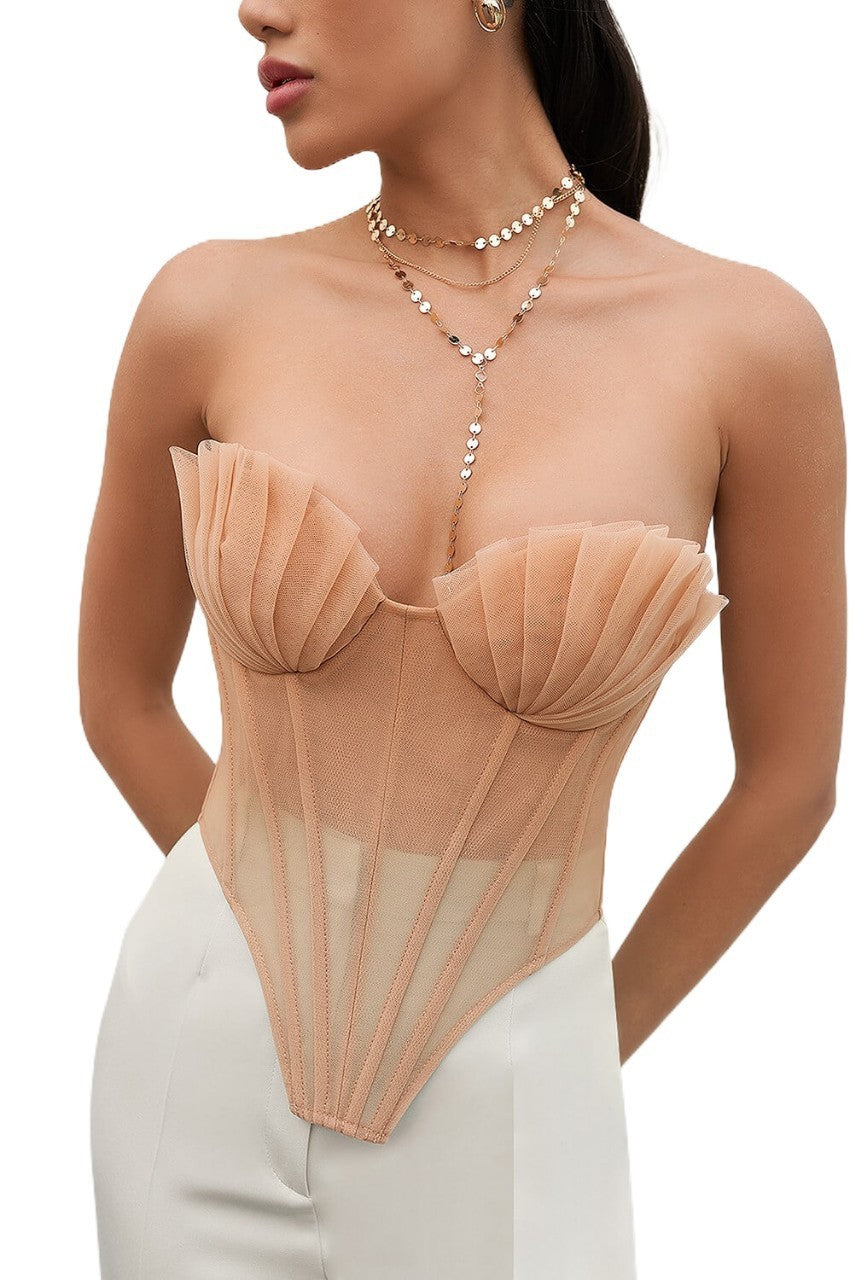 Light Pink Pleated Chest Wrap Corset  Women’s Fishbone Inverted Hem Bustier Top