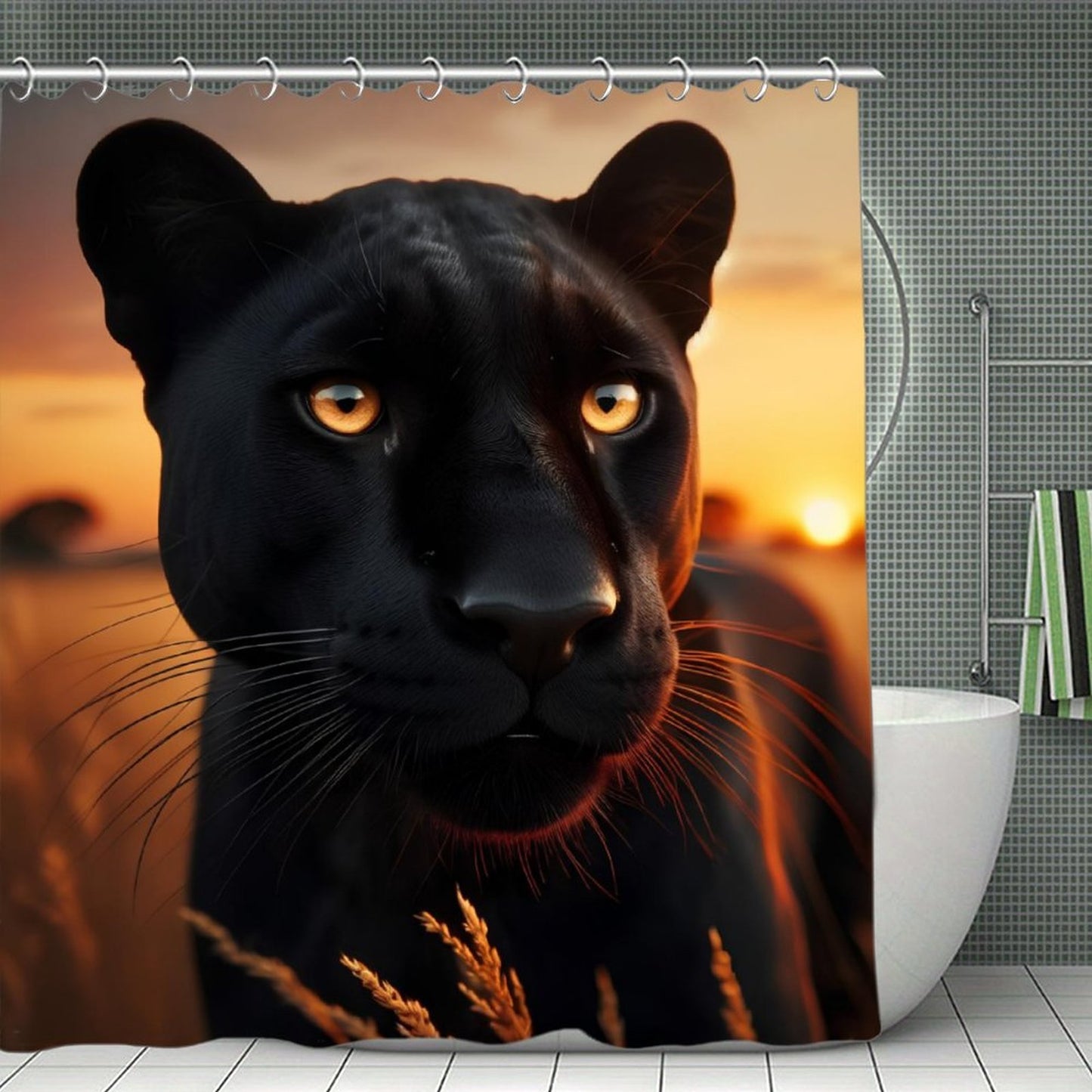 Black Panther Shower Curtain | Luxury Wildlife Bathroom Decor | Majestic Panther Sunset Bath Curtain | Safari Animal Bathroom Set | Modern Black Gold Bathroom Decor