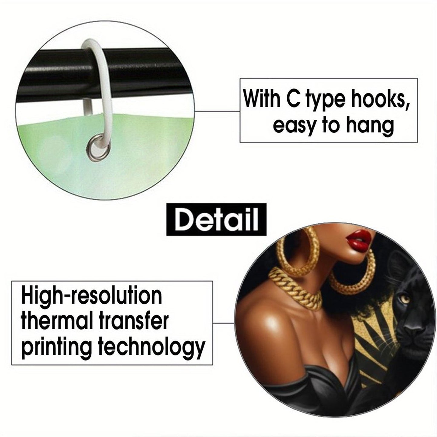 Black Panther Queen Shower Curtain | Black & Gold Afro Art | Melanin Magic Luxury Bathroom Decor | Glamorous Jungle Print | Red Lips & Gold Jewelry