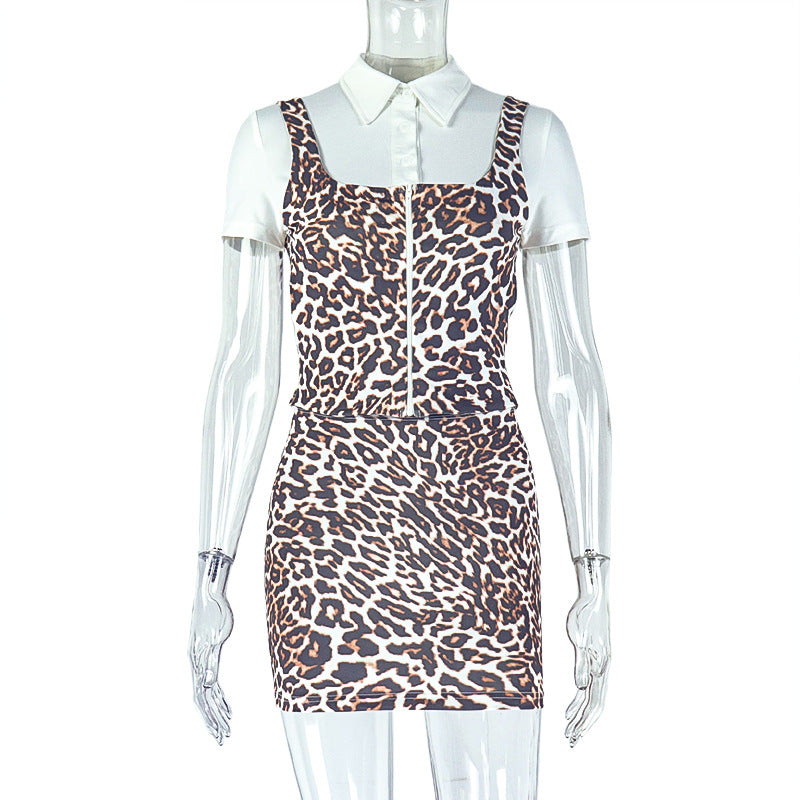 Leopard Print Skirt Suit Set for Women – Chic Workwear Patchwork Top & Short Skirt Two Piece Outfit | Sexy Office Fashion | Elegant Boss Babe Outfit