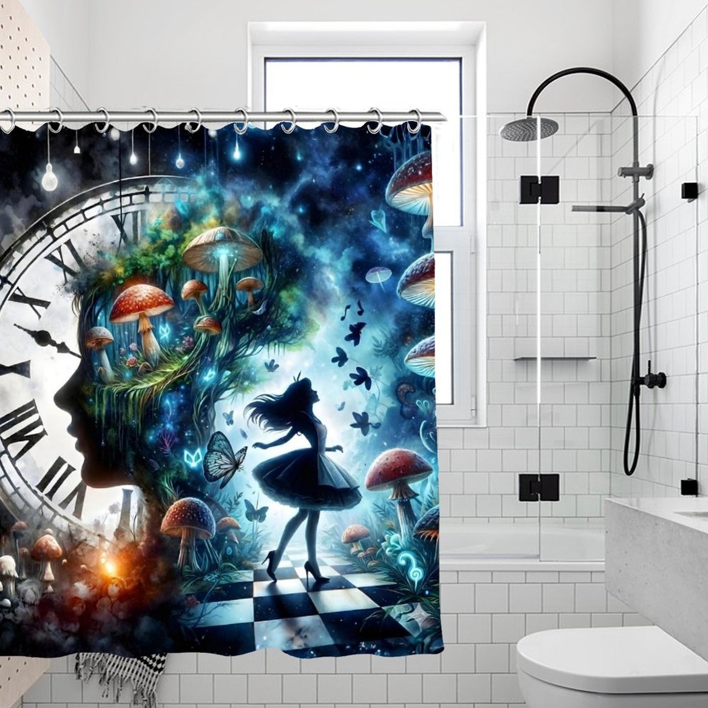 Midnight Wonderland Dreamscape Shower Curtain – Surreal Fantasy Mushroom Forest with Cosmic Clock & Enchanted Silhouette