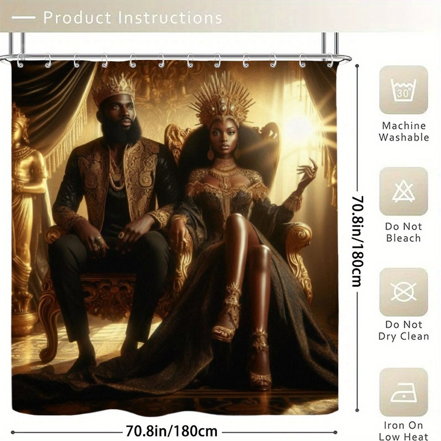 Regal Black and Gold King & Queen Shower Curtain | Luxury African Royalty Waterproof Bath Decor