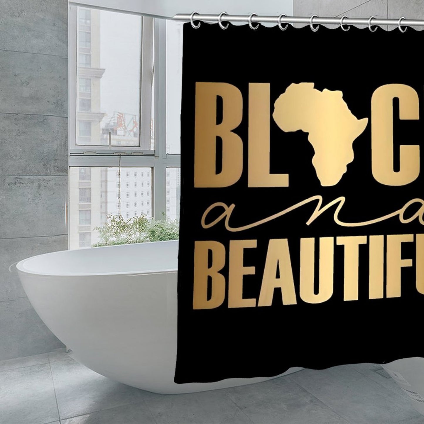 Black and Beautiful African Pride Shower Curtain – Gold Afro Queen Design | Melanin Bathroom Decor | Luxury Black Girl Magic