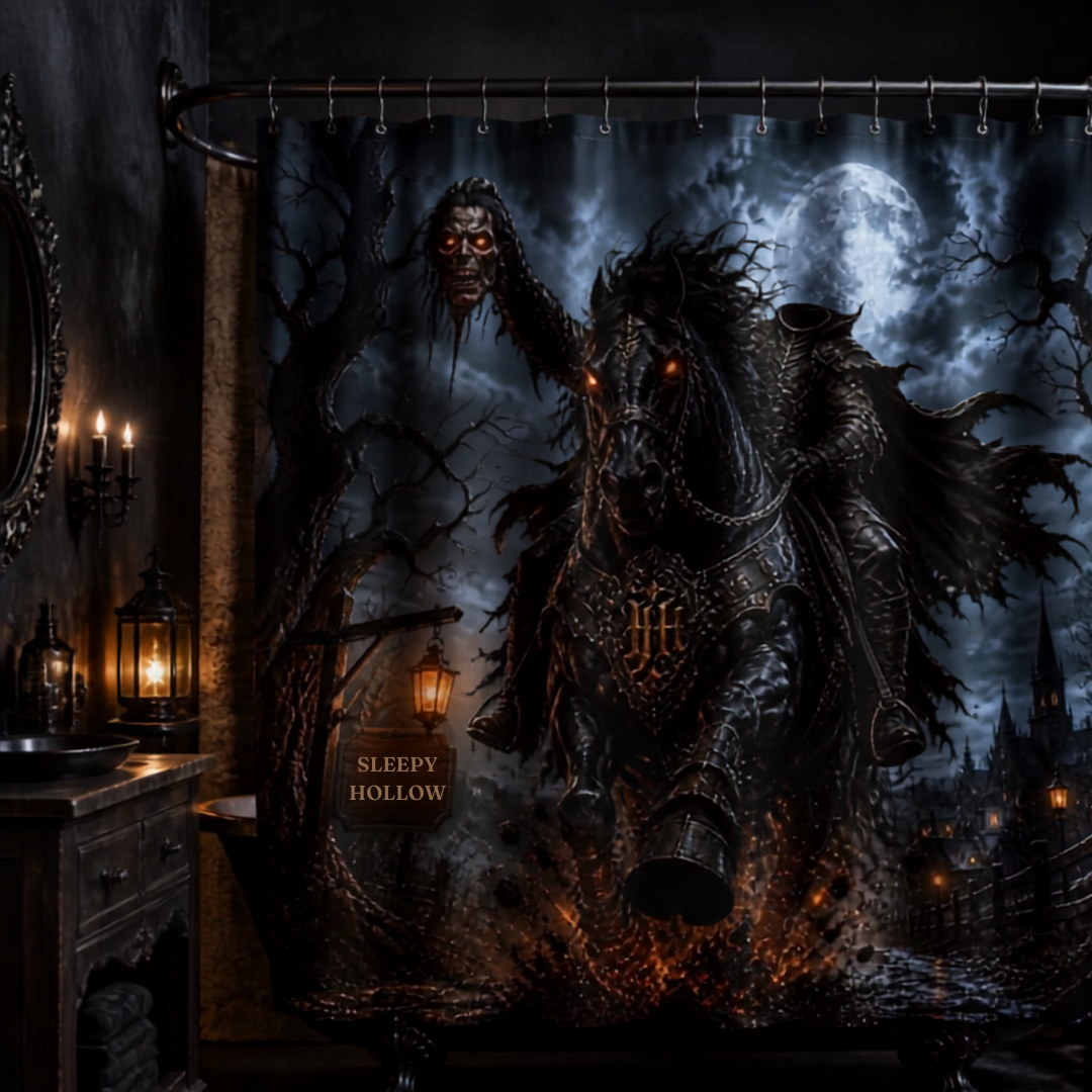 Headless Horseman Shower Curtain, Sleepy Hollow Gothic Bathroom Decor, Dark Fantasy Halloween Shower Curtain, Horror Bathroom Decor