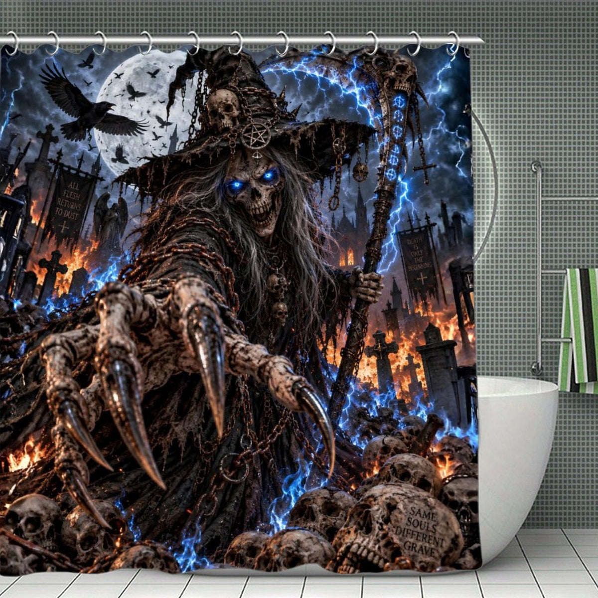 Gothic Grim Reaper Shower Curtain, Undead Witch Skull Bathroom Decor, Blue Lightning Horror Curtain, Dark Fantasy Halloween Bath Decor