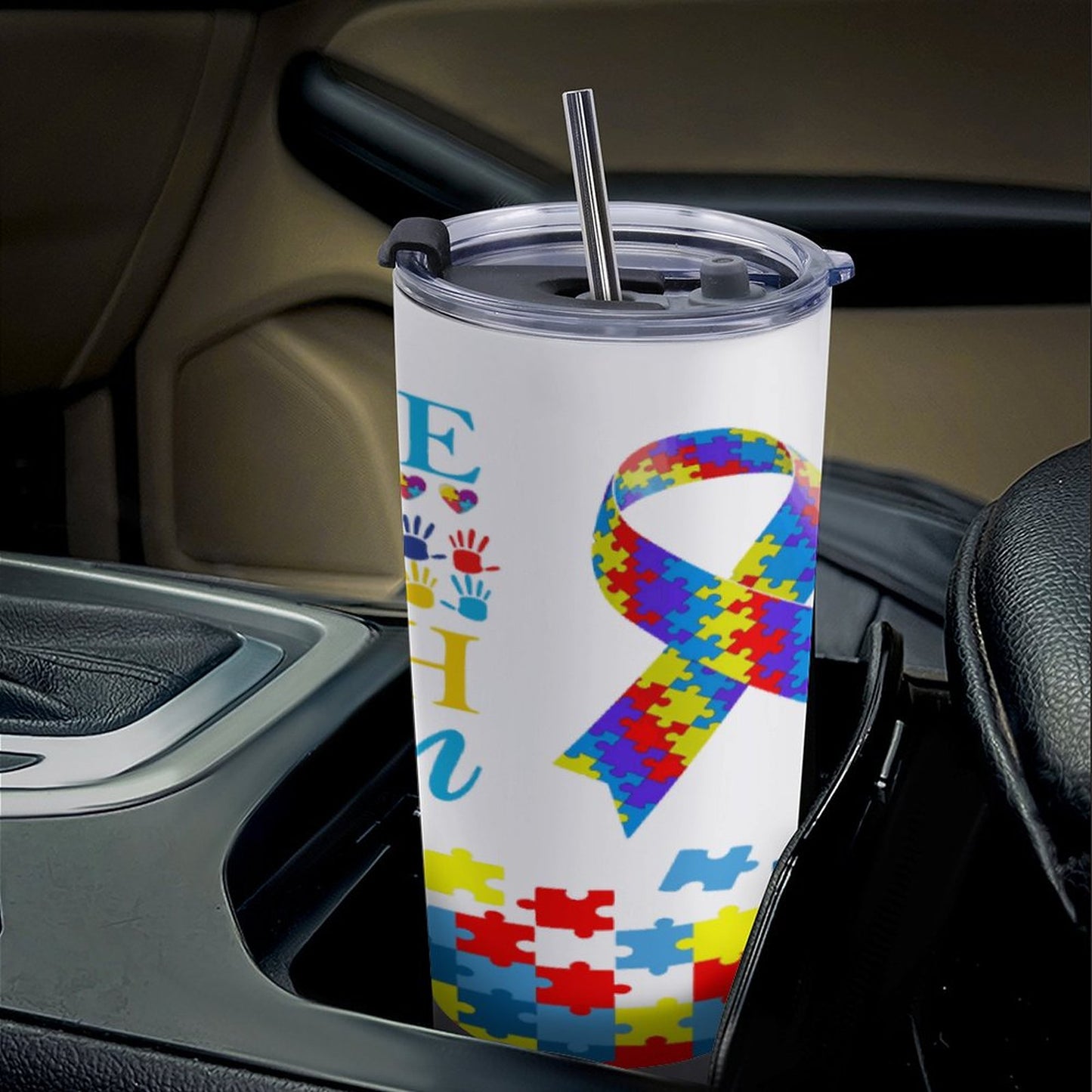 Autism Awareness 20oz Travel Mug Set with Cleaning Kit – 590ml Insulated Coffee Tumbler, Puzzle Design, Neurodiversity Support Gift, Hot & Cold Cup