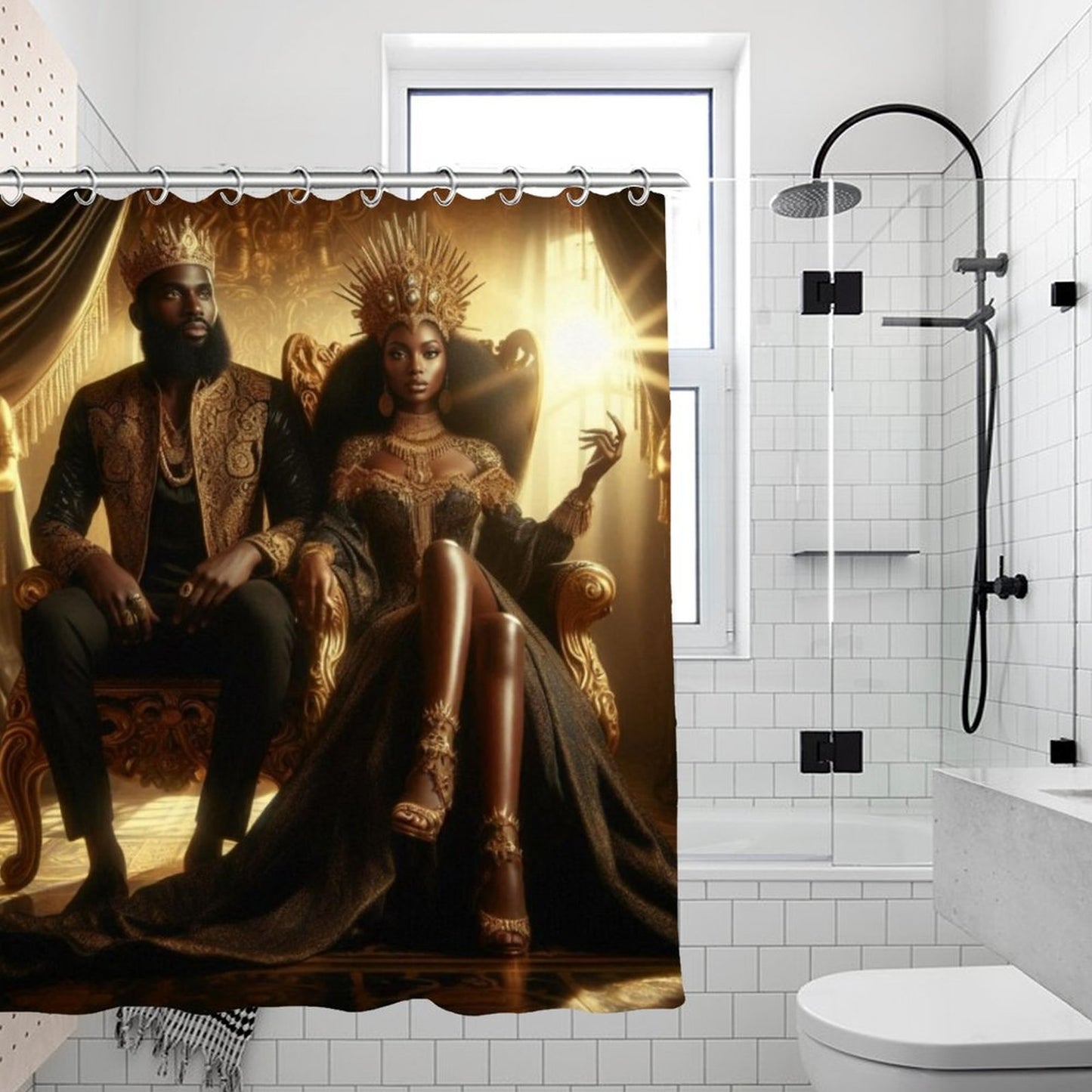 Regal Black and Gold King & Queen Shower Curtain | Luxury African Royalty Waterproof Bath Decor