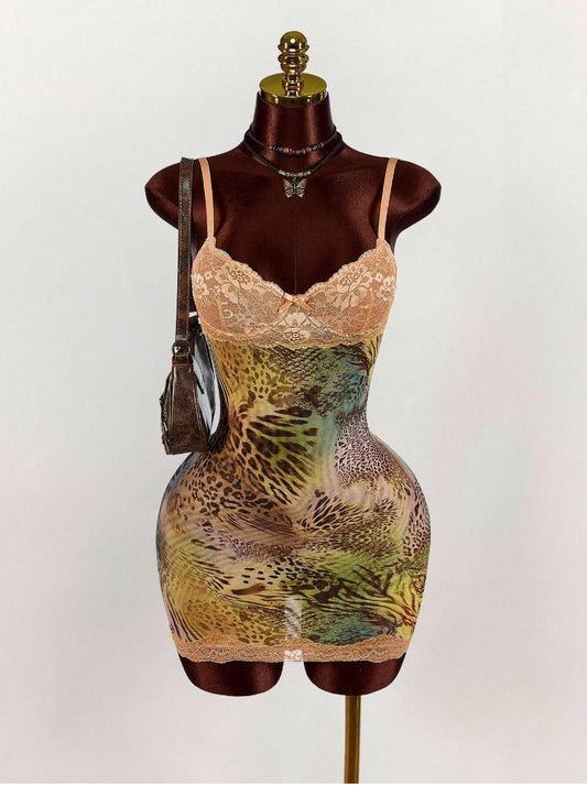 Women’s Sexy Lace Cinched Waist Vintage Dress – Elegant Floral Lace Midi, Slim Fit Bodycon Evening Party Dress