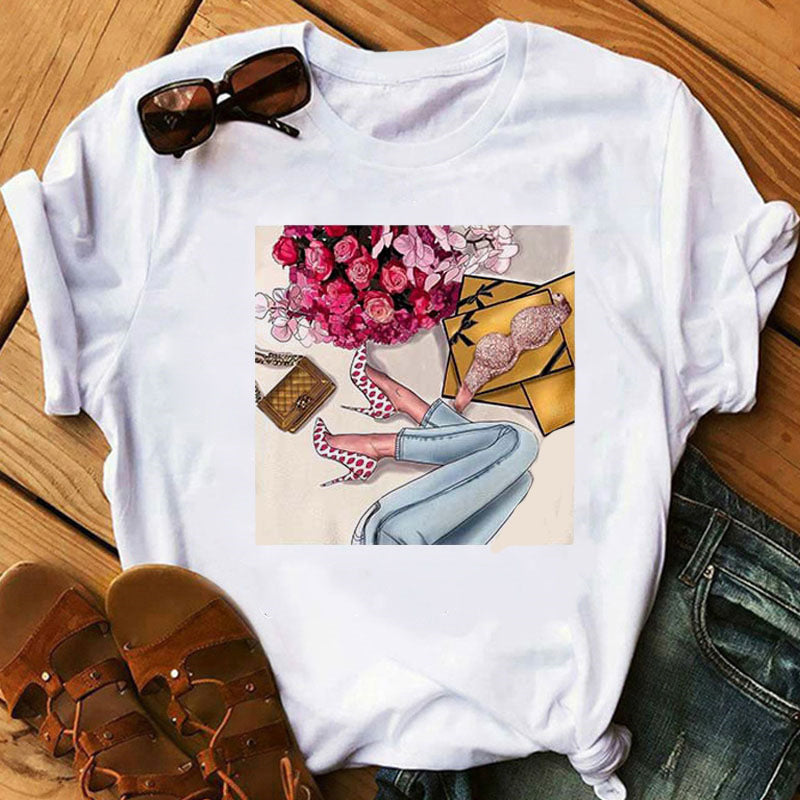 Women's High Heels Pattern Cute Loose Top T-shirt
