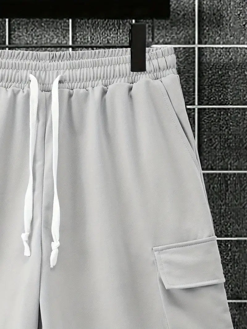 Men's Casual 2-Piece Set – Solid Crew Neck T-Shirt & Drawstring Shorts with Multi Pockets | Summer Outfit for Outdoor, Street wear, Lounge wear