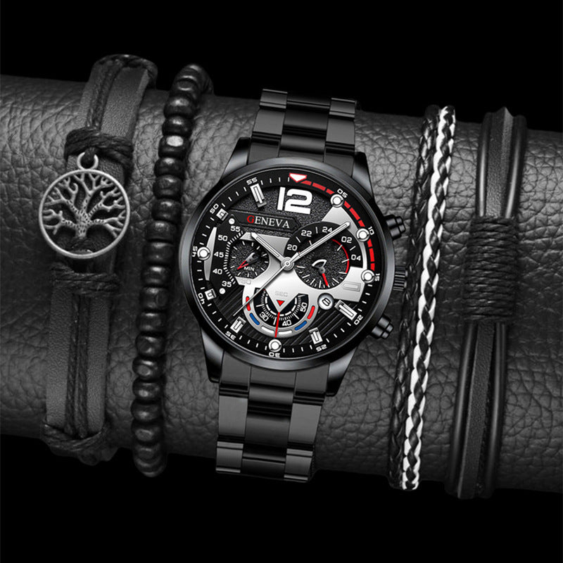 2Pcs Men’s Luxury Steel Strip Quartz Watch & Bracelet Set – Fashion Business Three-Eye Wristwatch Set for Men | Modern Elegant Gift Set