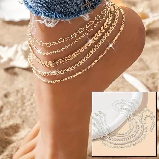 5Pcs Bohemian Airplane Anklet Set – Heart Chain Beach Anklets for Women | Summer Barefoot Beach Jewelry Set | Fashion Layered Foot Chain