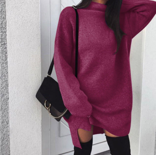 Casual Loose Knit High Neck Split Women Sweater Dress