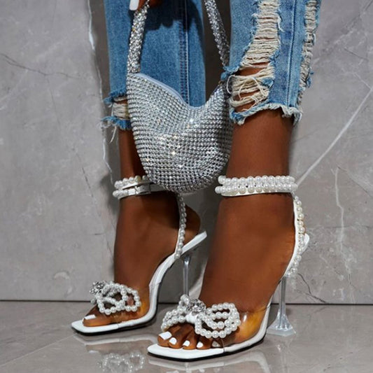 Pearl Bow Sandals for Women – Elegant Summer High Heels with Square Toe
