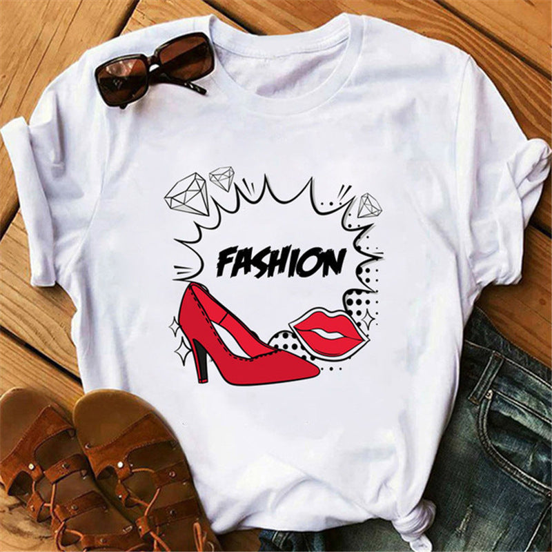 Women's High Heels Pattern Cute Loose Top T-shirt