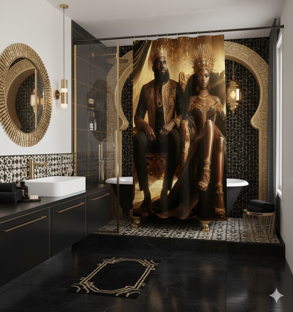 Regal Black and Gold King & Queen Shower Curtain | Luxury African Royalty Waterproof Bath Decor