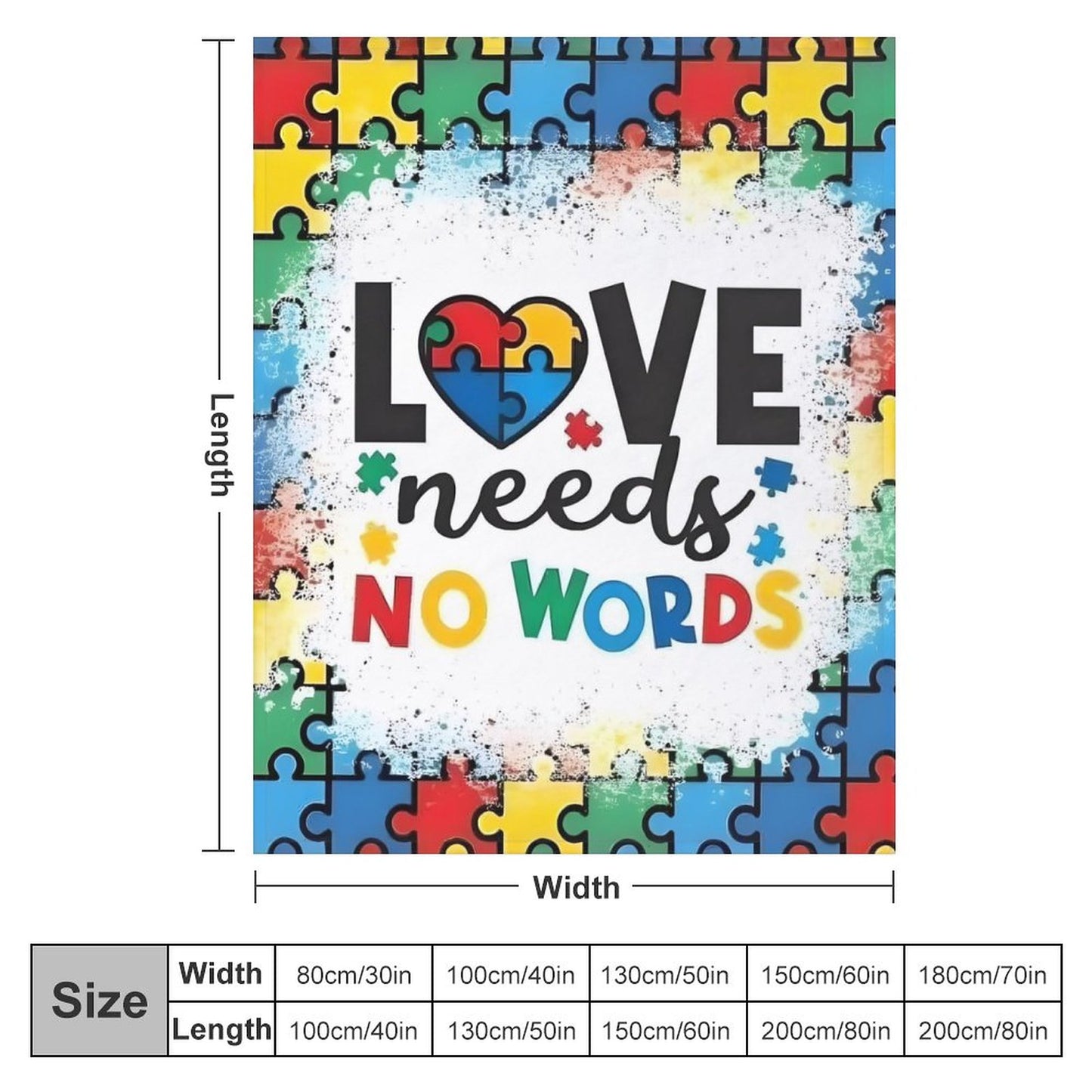 Autism Awareness Love Needs No Words Flannel Blanket – 280GSM Ultra Soft Throw | Puzzle Piece Design | Cozy Gift for Autism Support | 50"x60"