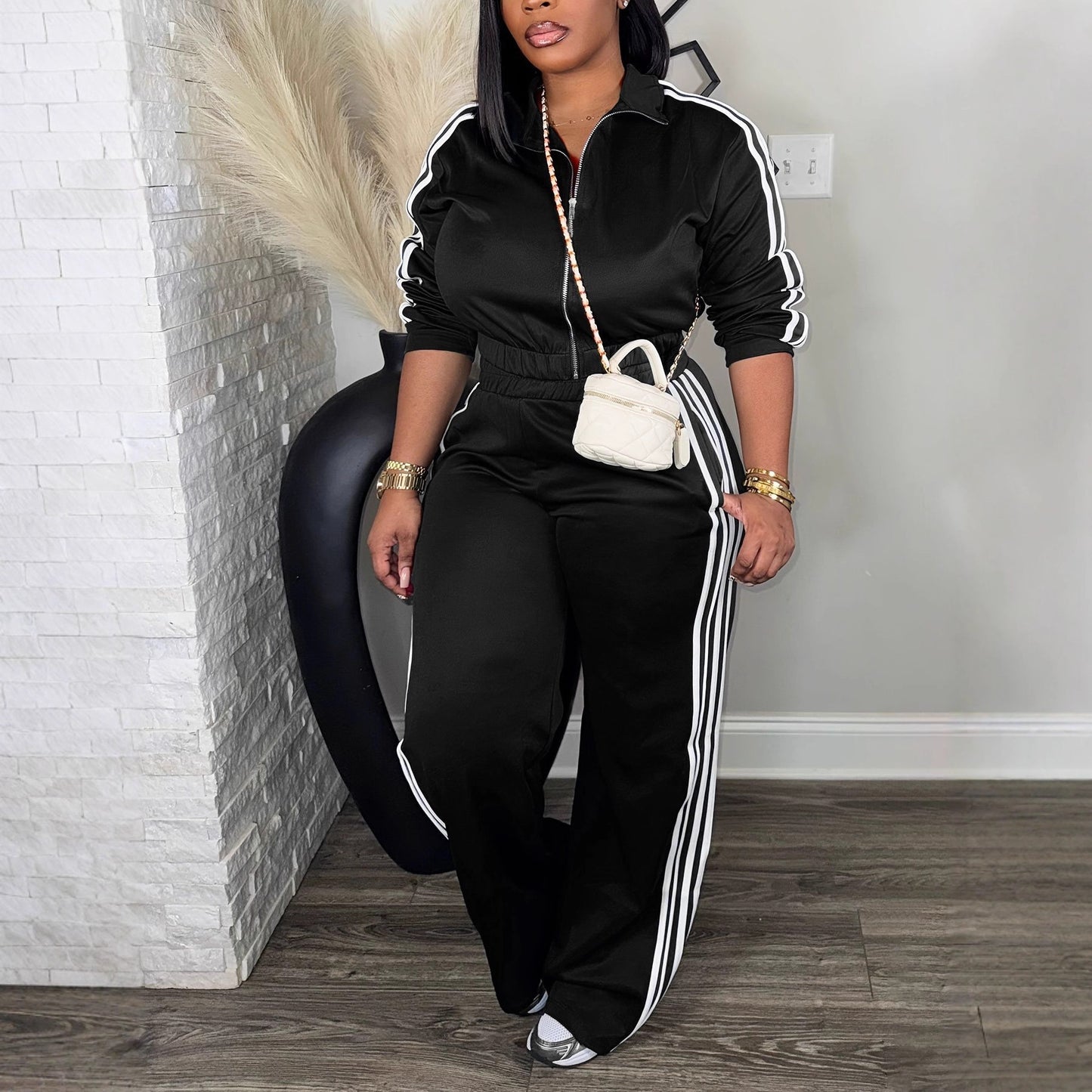 Two-Piece Tracksuit for Women – Zip-Up Long Sleeve Top & Wide Leg Pants | Chic Streetwear Lounge Set