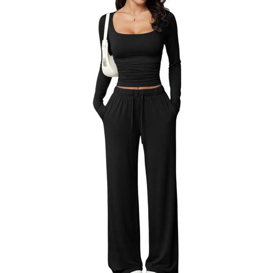 Women’s Casual Pants & Square Neck Long Sleeve Cropped Top Set | Trendy Two-Piece Lounge Outfit | Chic Everyday Matching Set