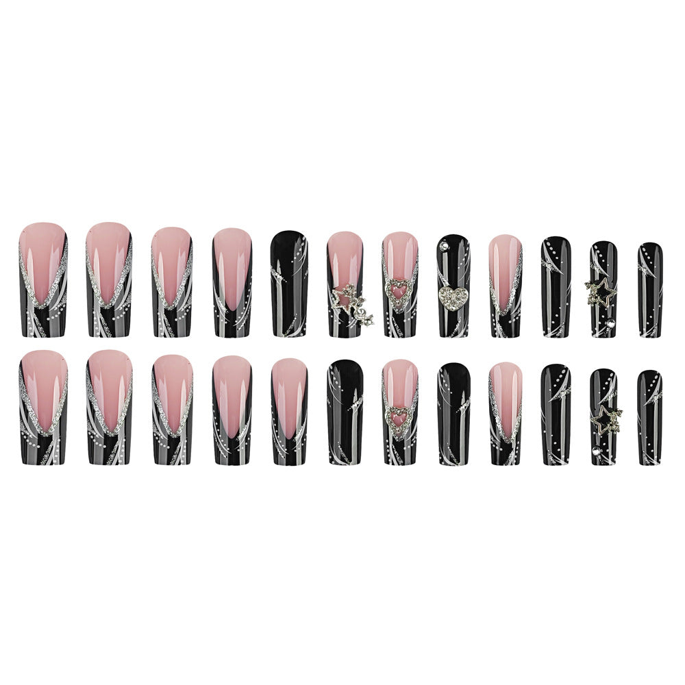 Black & Blush Pink Rhinestone Press-On Nails – Long Square French Tip Bling Nails with Heart & Star Charms | Luxury Glam Nail Set