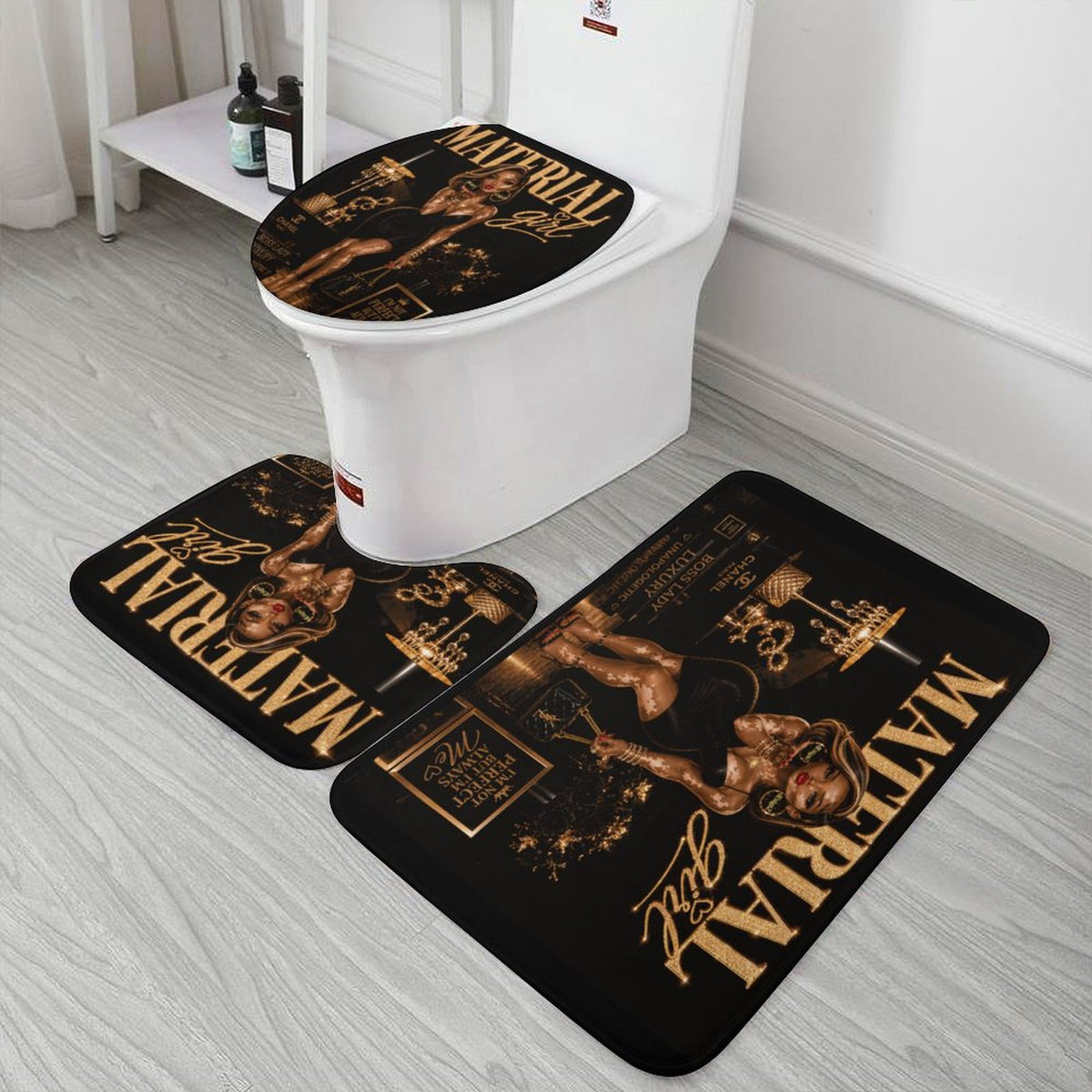 Material Girl Bathroom Mat Set, Black Gold Glam Bath Rugs, 3 Piece Toilet Mat Set, Luxury Bathroom Decor, Boss Lady Bath Set