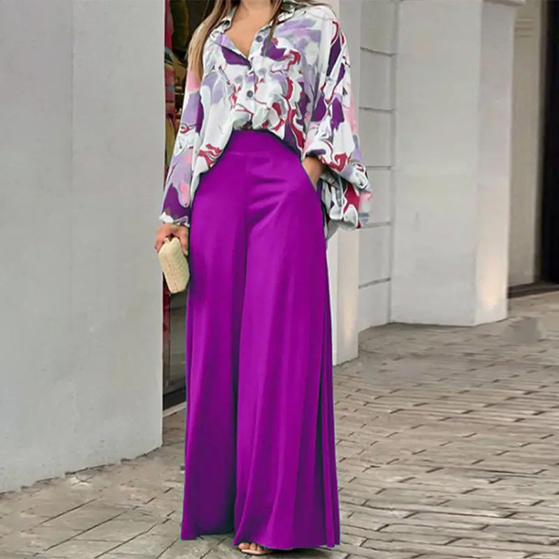 Loose & Elegant Casual Printed Shirt Top + Wide-Leg Pants Set | 2-Piece Fashion Outfit for Women