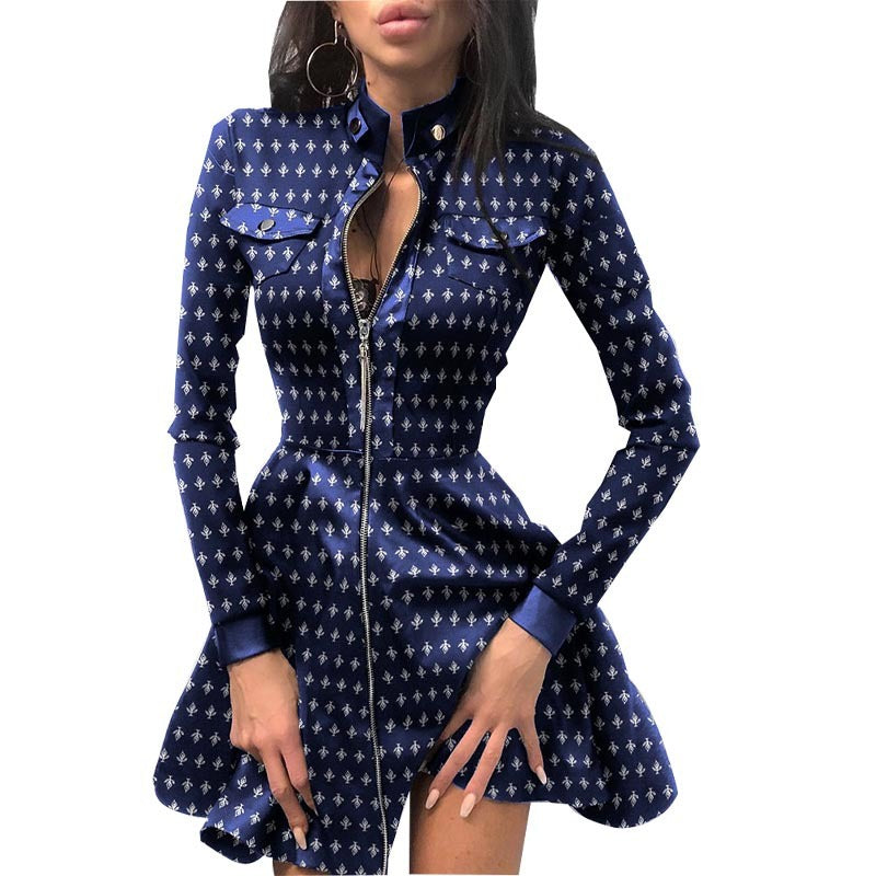 Long Sleeve V-neck Zipper Pu Pocket Dress Women's Clothing