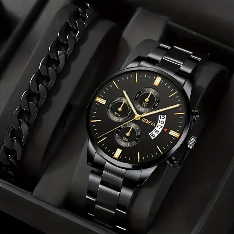 2Pcs Men’s Luxury Steel Strip Quartz Watch & Bracelet Set – Fashion Business Three-Eye Wristwatch Set for Men | Modern Elegant Gift Set