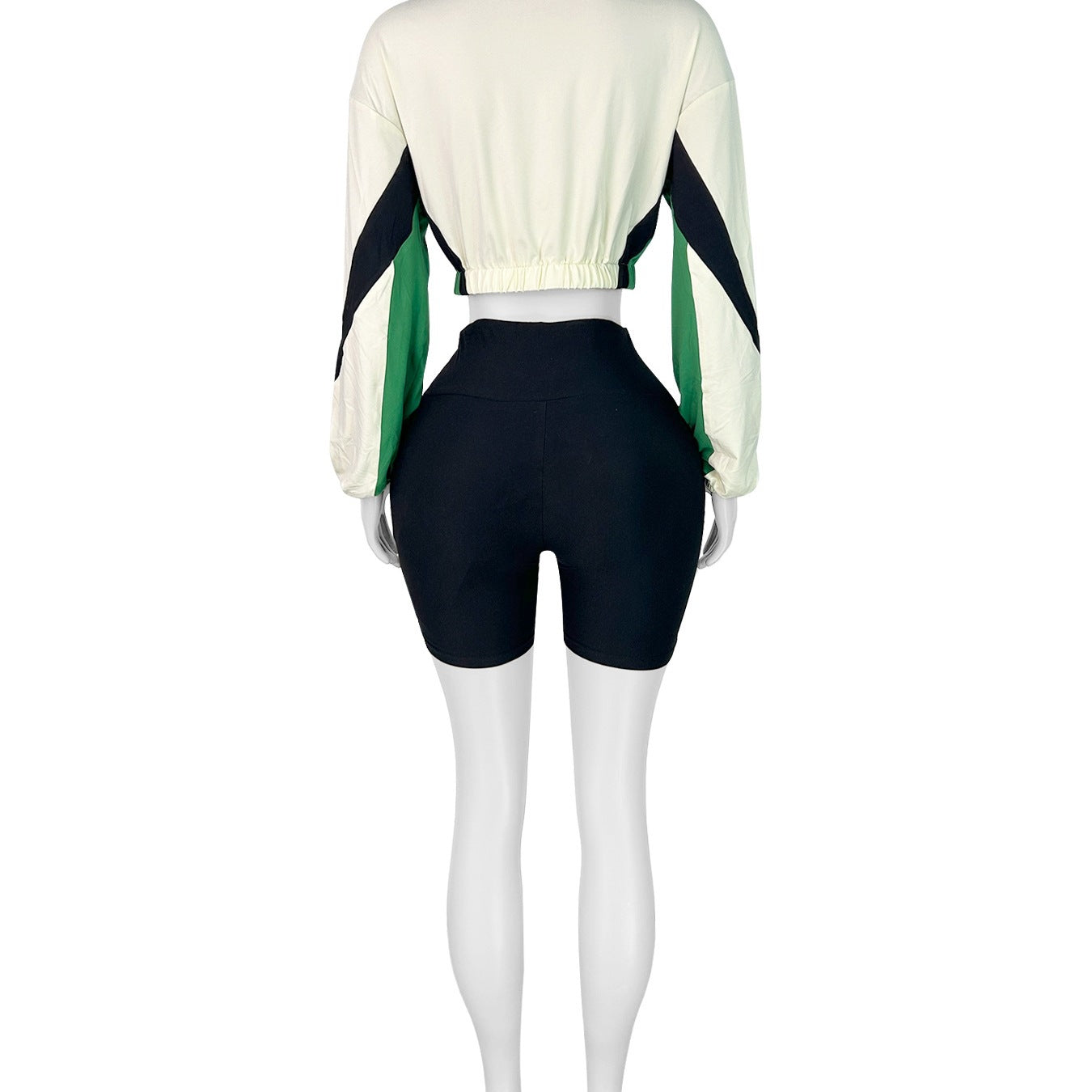 Women’s Patchwork Color Block Two-Piece Set – Zippered Crop Top & High Waist Sports Shorts Outfit | Casual Streetwear Matching Set