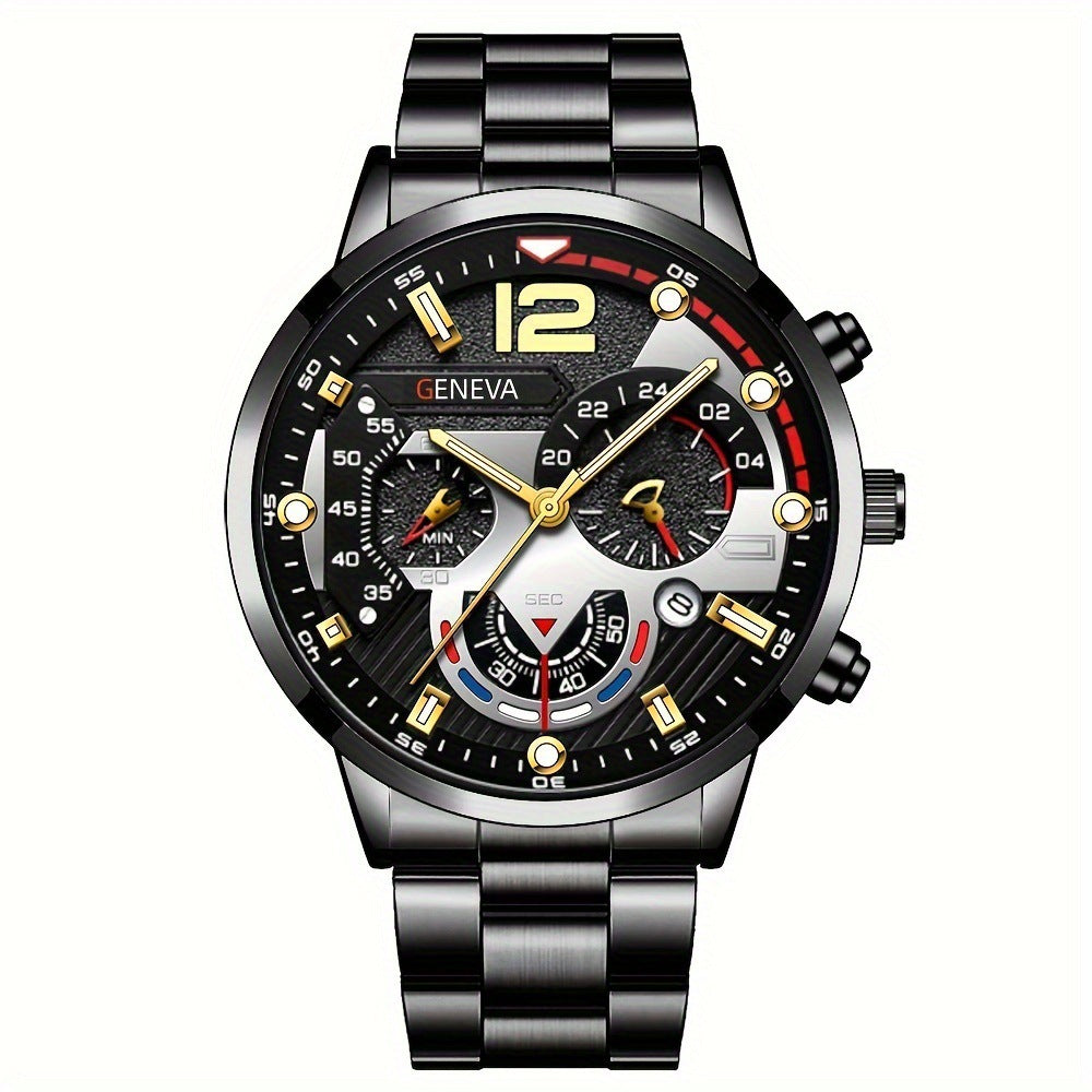 2Pcs Men’s Luxury Steel Strip Quartz Watch & Bracelet Set – Fashion Business Three-Eye Wristwatch Set for Men | Modern Elegant Gift Set