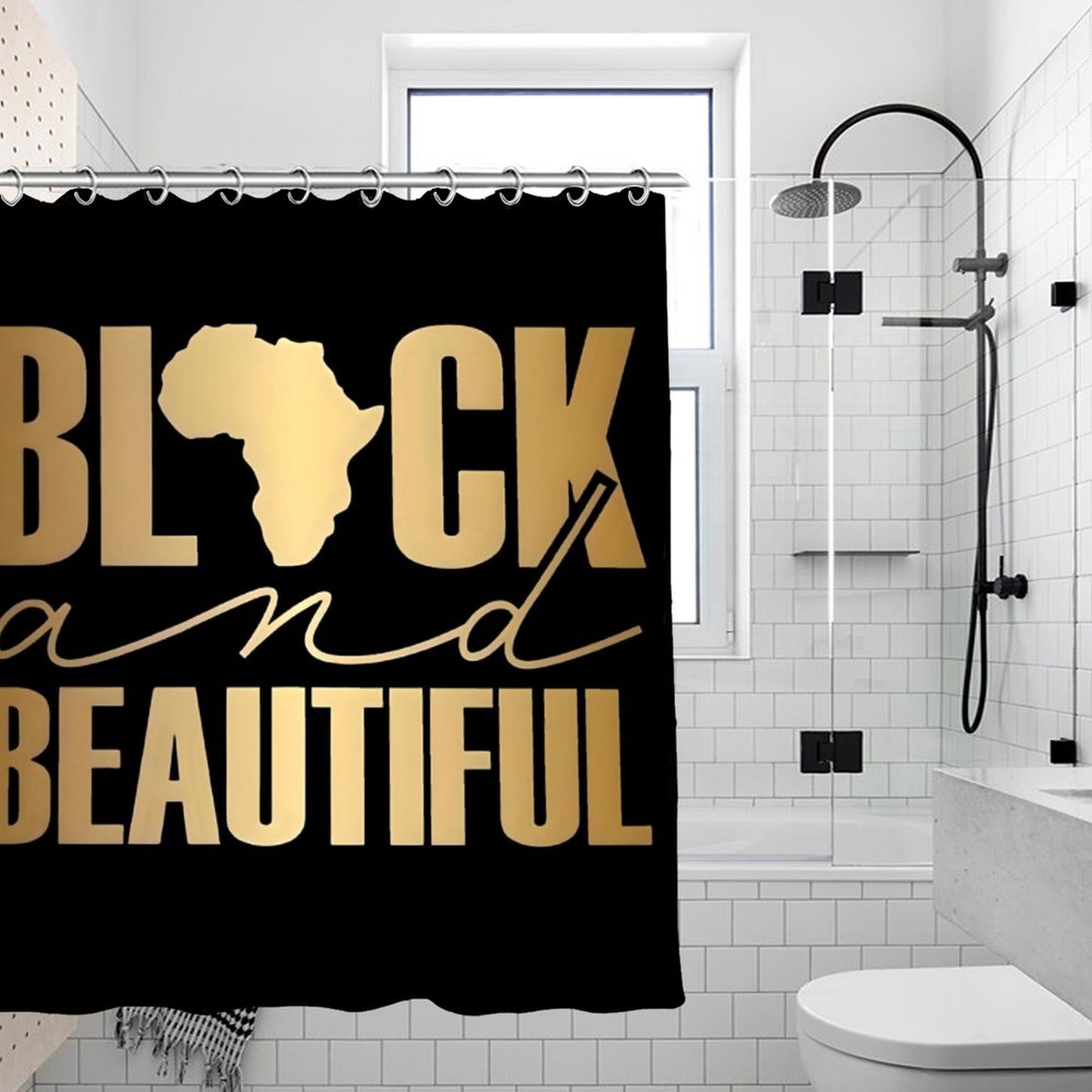 Black and Beautiful African Pride Shower Curtain – Gold Afro Queen Design | Melanin Bathroom Decor | Luxury Black Girl Magic