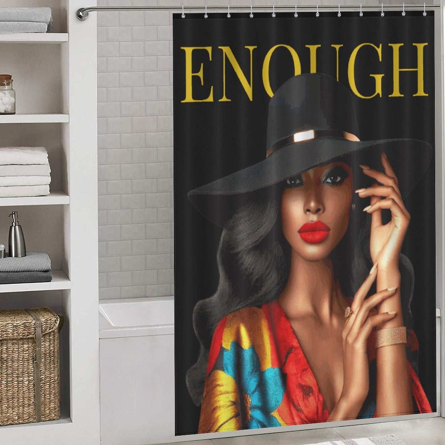ENOUGH – Bold & Elegant Black Woman Shower Curtain